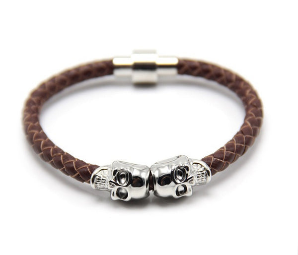 Brown Leather Skull Bracelet