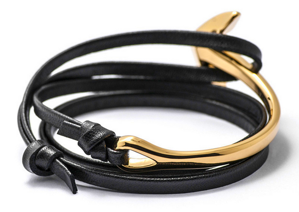 Gold Anchor Half-Cuff Black Leather Bracelet