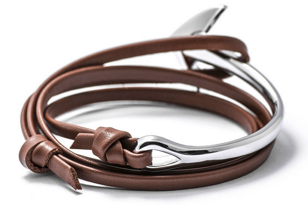 Silver Anchor Half-Cuff Brown Leather Bracelet