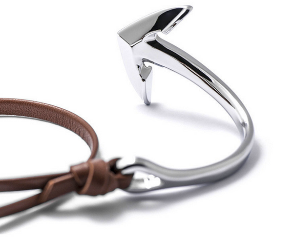 Silver Anchor Half-Cuff Brown Leather Bracelet