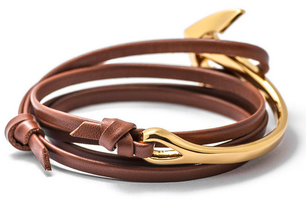 Gold Anchor Half-Cuff Brown Leather Bracelet