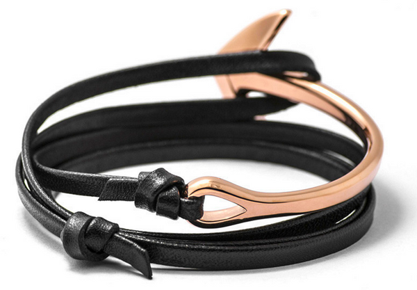 Rose Gold Anchor Half-Cuff Black Leather Bracelet