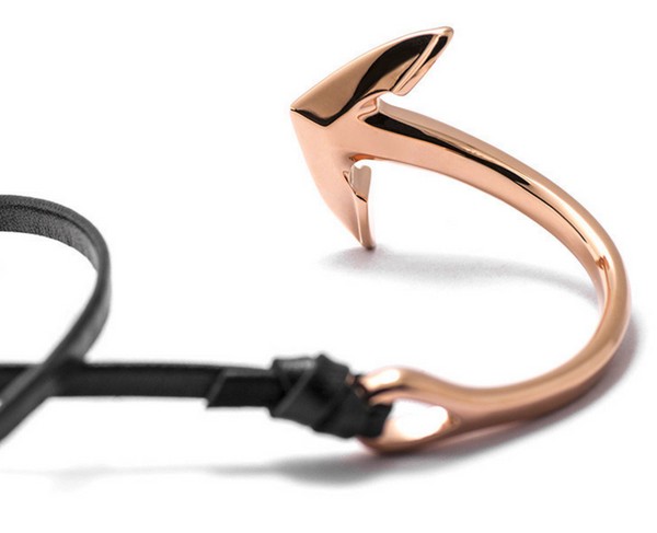 Rose Gold Anchor Half-Cuff Black Leather Bracelet