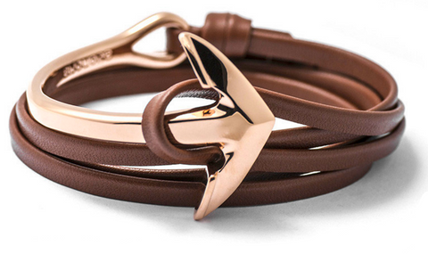 Rose Gold Anchor Half-Cuff Brown Leather Bracelet