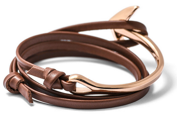 Rose Gold Anchor Half-Cuff Brown Leather Bracelet