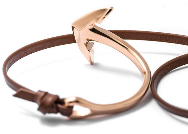 Rose Gold Anchor Half-Cuff Brown Leather Bracelet