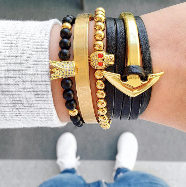Gold Anchor Half-Cuff Black Leather Bracelet