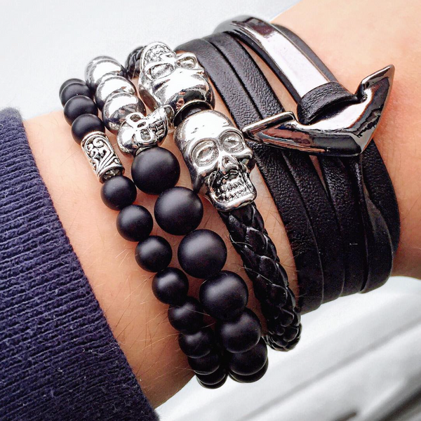 Gun Metal Anchor Half-Cuff Black Leather Bracelet