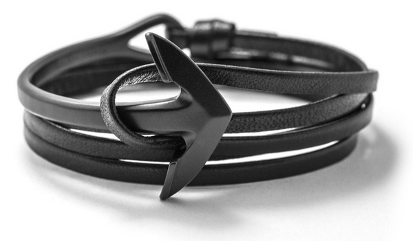 Gun Metal Anchor Half-Cuff Black Leather Bracelet