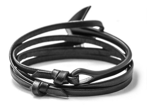 Gun Metal Anchor Half-Cuff Black Leather Bracelet