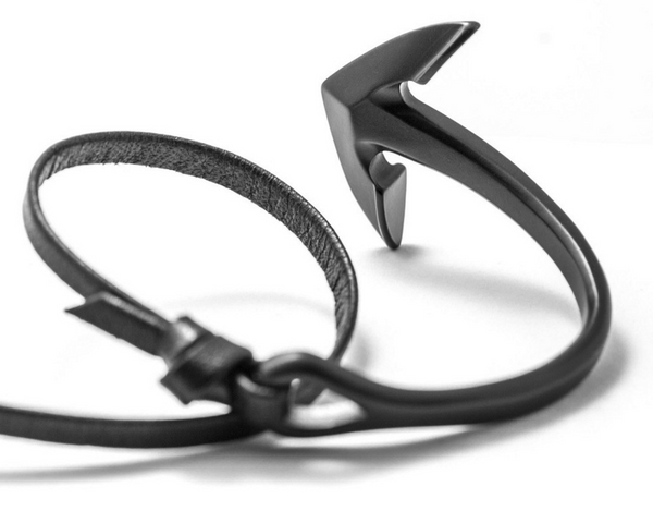 Gun Metal Anchor Half-Cuff Black Leather Bracelet