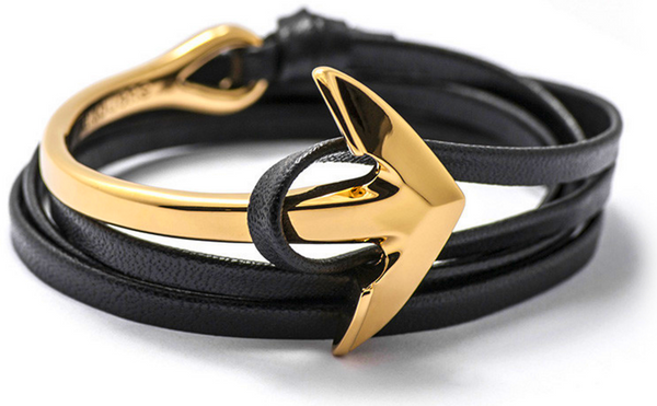 Gold Anchor Half-Cuff Black Leather Bracelet