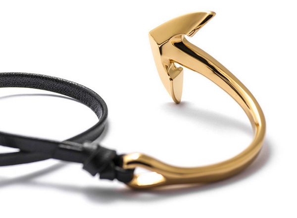 Gold Anchor Half-Cuff Black Leather Bracelet