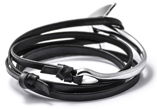 Silver Anchor Half-Cuff Black Leather Bracelet