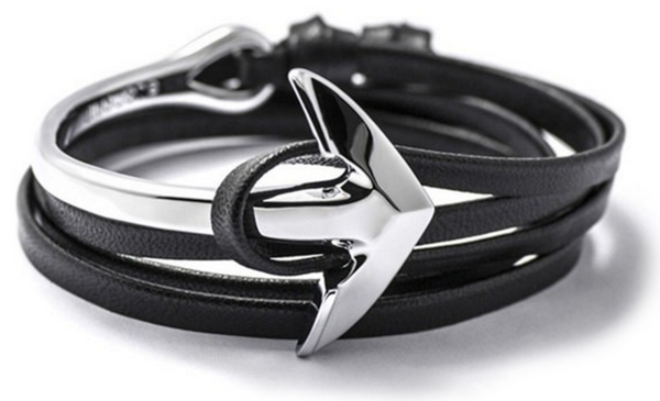 Silver Anchor Half-Cuff Black Leather Bracelet