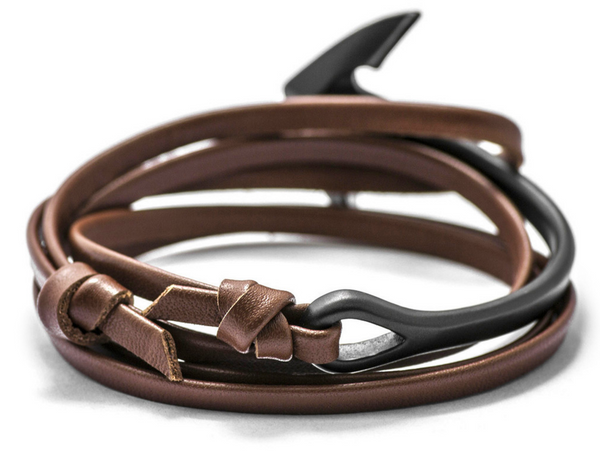 Gun Metal Anchor Half-Cuff Brown Leather Bracelet