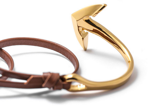 Gold Anchor Half-Cuff Brown Leather Bracelet