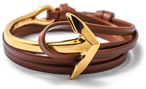 Gold Anchor Half-Cuff Brown Leather Bracelet