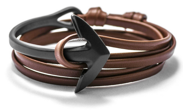 Gun Metal Anchor Half-Cuff Brown Leather Bracelet