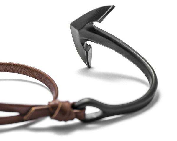 Gun Metal Anchor Half-Cuff Brown Leather Bracelet