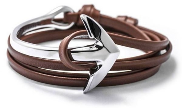 Silver Anchor Half-Cuff Brown Leather Bracelet