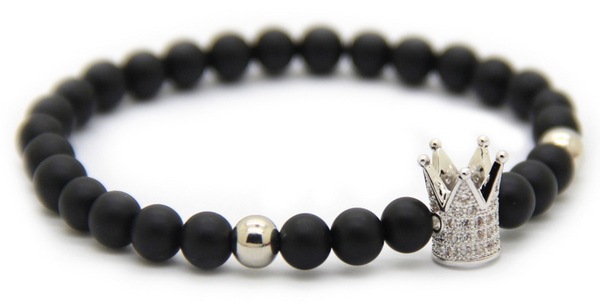 Silver Crown Black Agate Bracelet