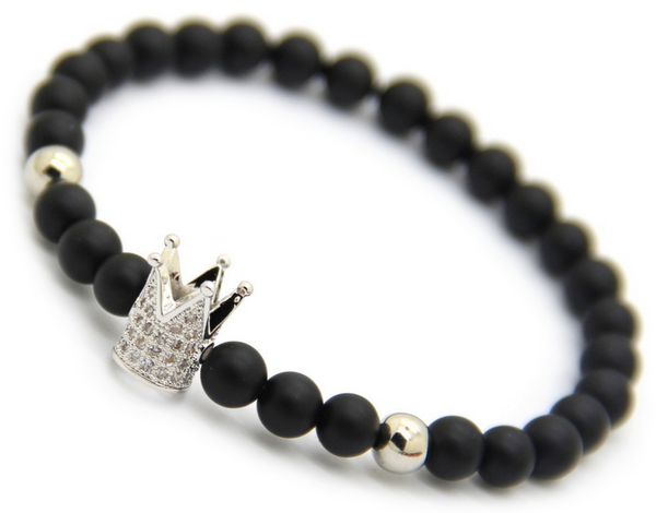 Silver Crown Black Agate Bracelet