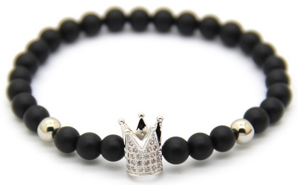 Silver Crown Black Agate Bracelet