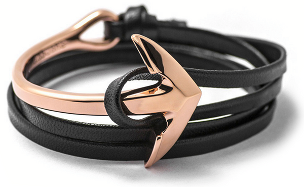 Rose Gold Anchor Half-Cuff Black Leather Bracelet