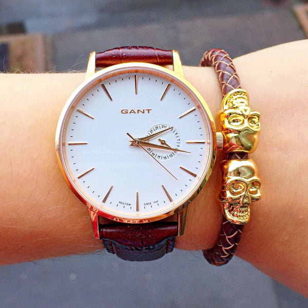 Brown Leather Skull Bracelet